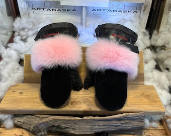 Jeannine Small pink fox recycled cuff, bright black sheepskin thumb, curly charcoal sheepskin, black Italian leather, Quebec