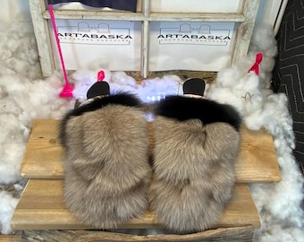 City mittens in recycled fur and leather, Les Odile Collection Ruban Rose Size Medium