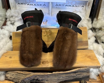 Noella Medium mittens in recycled brown beige mink & chocolate sheepskin, black and brown Italian leather, unique handmade piece from Quebec