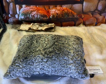 Recycled fur cushion – leather & embroidery, unique piece handmade in Quebec