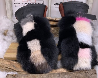 Recycled and remodeled fur and leather mittens. The Patricias. Size X-Large