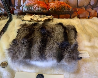 Recycled fur cushion – leather & embroidery, unique piece handmade in Quebec