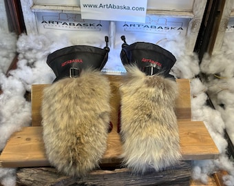 Solange Small coyote mittens, recycled vintage coat with sheared red sheepskin thumb and black Italian leather, handmade piece from Quebec