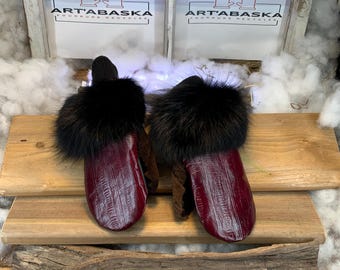 City mittens in recycled fur and leather, Les Fernande Collection Ruban Rose Size Medium