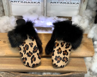 City mittens in recycled fur and leather, Les Yollande Collection Ruban Rose Size Medium