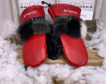 Recycled fur and leather mittens, Les Catherine. Size X-Large