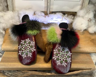 City mittens in recycled fur and leather, Les Raymonde Collection Ruban Rose Size Medium