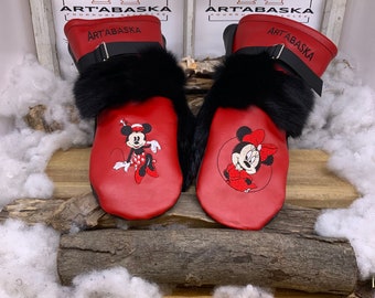 Recycled leather and fur mittens. Minnie Special Edition. The Marie-Rose. Size X-Large