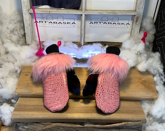 City mittens in recycled fur and leather, Les Berthe Collection Ruban Rose Size Large