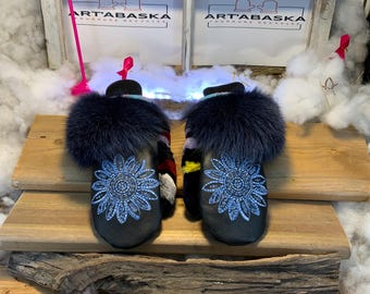 City mittens in recycled fur and leather, Les Odette Collection Ruban Rose Size Medium