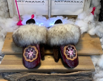 City mittens in recycled fur and leather, Les Antonine Collection Ruban Rose Size Medium