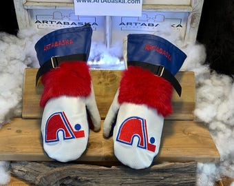 Recycled and reshaped fur and leather mittens. The Eliane Grandeur Large Edition Nordiques de Québec.