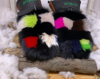 Recycled and remodeled fur and leather mittens. Les Anette. Size X-Large