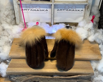City mittens in recycled fur and leather, Les Germaine Collection Ruban Rose Size Large