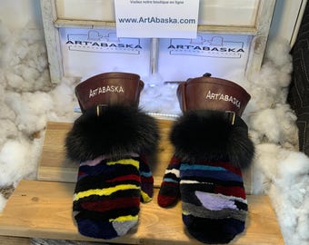 Recycled and reshaped fur and leather mittens. The Roseline Large Size
