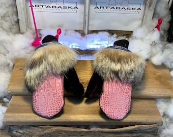 City mittens in recycled fur and leather, Les Alma Collection Ruban Rose Size Large