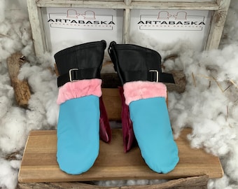 Recycled fur and leather mittens. Les Joséphine. Medium size
