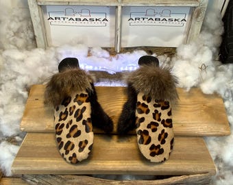 City mittens in recycled fur and leather, Les Gaétane Collection Ruban Rose Size Medium