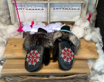 City mittens in recycled fur and leather, Les Lilianne Collection Ruban Rose Size Medium