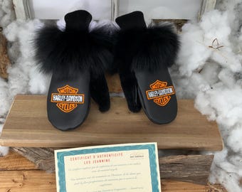 City mittens in recycled fur and leather, Les Jeannine Grandeur Small Harley Edition