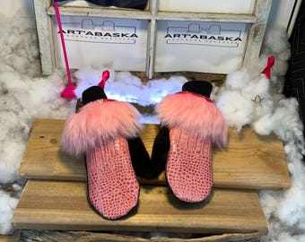 City mittens in recycled fur and leather, Les Antoinette Collection Ruban Rose Size Large