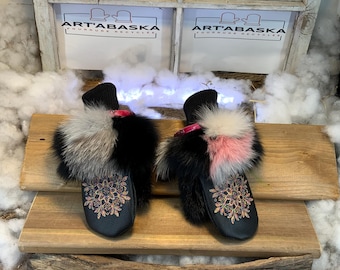 City mittens in recycled fur and leather, Les Claire Collection Ruban Rose Size Small