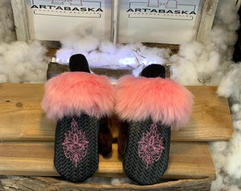 City mittens in recycled fur and leather, Les Amélia Collection Ruban Rose Size Medium