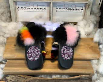 City mittens in recycled fur and leather, Les Evelyne Collection Ruban Rose Size Medium