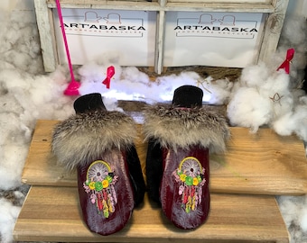 City Mittens in Recycled Fur and Leather, Les Denise Collection Ruban Rose Size Medium