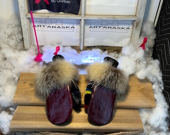 City mittens in recycled fur and leather, Les Claudette Collection Ruban Rose Size Medium