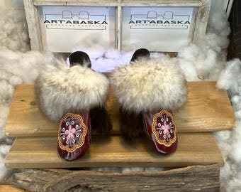 City mittens in recycled fur and leather, Les Véronique Collection Ruban Rose Size Small
