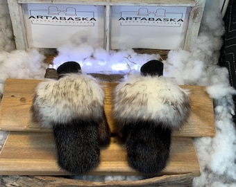 City mittens in recycled fur and leather, Les Gisèle Collection Ruban Rose Size Small