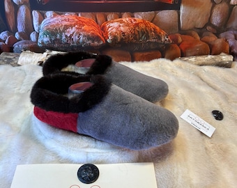Men's Léa slippers, size 11 – Italian sherling & recycled leather, unique handmade piece from Quebec