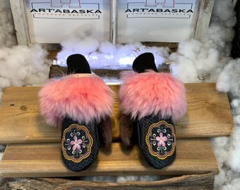 City mittens in recycled fur and leather, Les Orianna Collection Ruban Rose Size Small