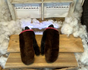 City mittens in recycled fur and leather, Les Solange Collection Ruban Rose Size Medium