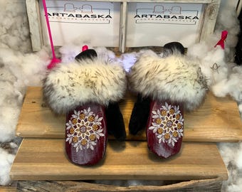 City mittens in recycled fur and leather, Les Constance Collection Ruban Rose Size Medium