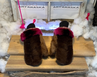 City mittens in recycled fur and leather, Les Huguette Collection Ruban Rose Size Large
