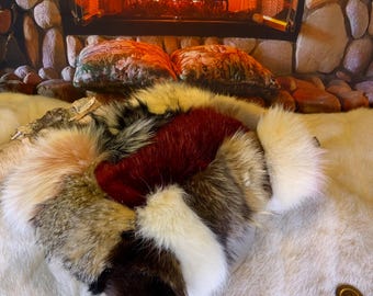 Decorative cushion in recycled fur in Patchwork Collection Ruban Rose