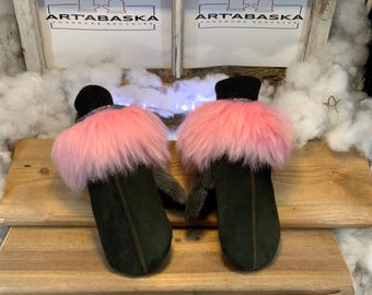 City mittens in recycled fur and leather, Les Lyne Collection Ruban Rose Size Medium