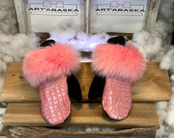City mittens in recycled fur and leather, Les Aline Collection Ruban Rose Size Medium
