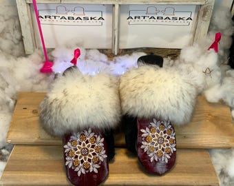 City mittens in recycled fur and leather, Les Carmelle Collection Ruban Rose Size Medium