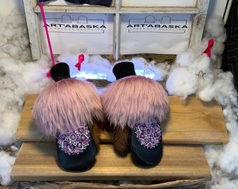City mittens in recycled fur and leather, Les Pauline Collection Ruban Rose Size Medium