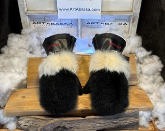Carole Medium mittens black Italian leather & recycled opossum with Norwegian white fox band handmade Quebec