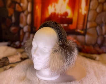 All-recycled fur earmuffs, Crystal Fox edition, recycled natural fur and shaved sheepskin on the head Les Jeannette