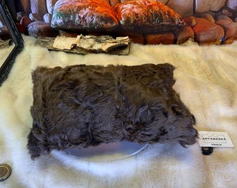 Recycled fur cushion – leather & embroidery, unique piece handmade in Quebec