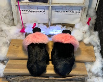 City mittens in recycled fur and leather, Les Noëlla Collection Ruban Rose Size Medium