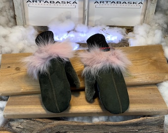 City mittens in recycled fur and leather, Les Raymonde Grandeur Small