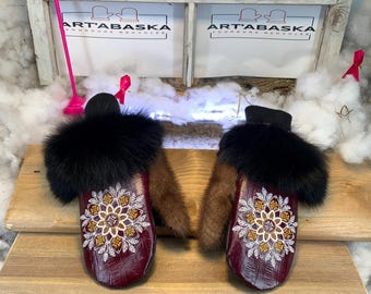 City mittens in recycled fur and leather, Les Angèle Collection Ruban Rose Size Medium