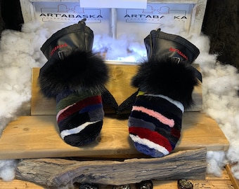 Murielle Mittens – Medium, multi-colored patchwork fox & black Italian leather, handmade, unique piece Quebec