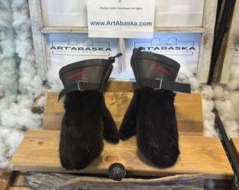 Alice Small mittens, recycled brown mink, shaved sheepskin, black Italian leather, handmade in Quebec, timeless classic style
